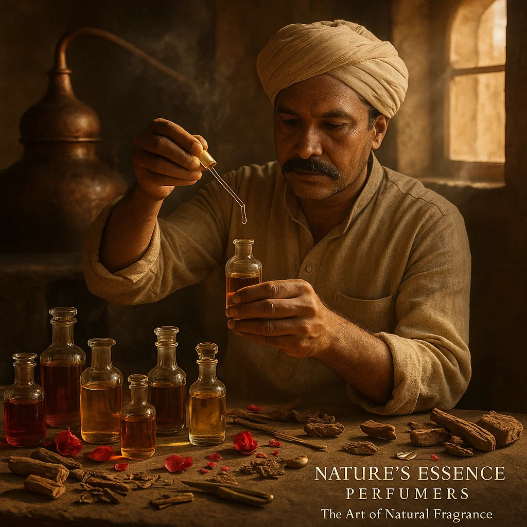 Kannauj Perfumers Blending Natural Perfume Oils – Nature’s Essence Perfumers
